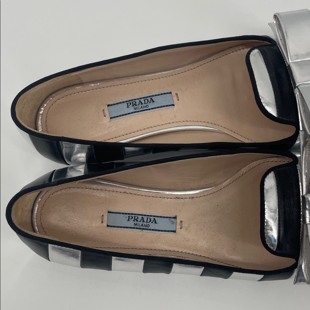 Prada Leather Striped Metallic Bow Flats 36 S75 - Picture 3 of 9